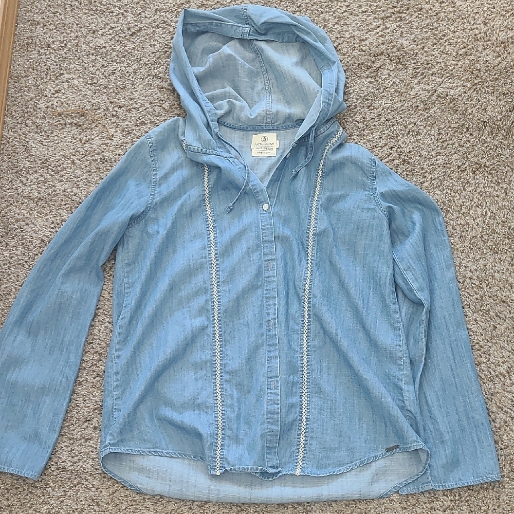 Volcom Light Blue Button Down Shirt with Hood